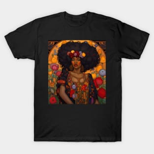 Beautiful Black Woman Woman with Flowers, Art Nouveau T-Shirt